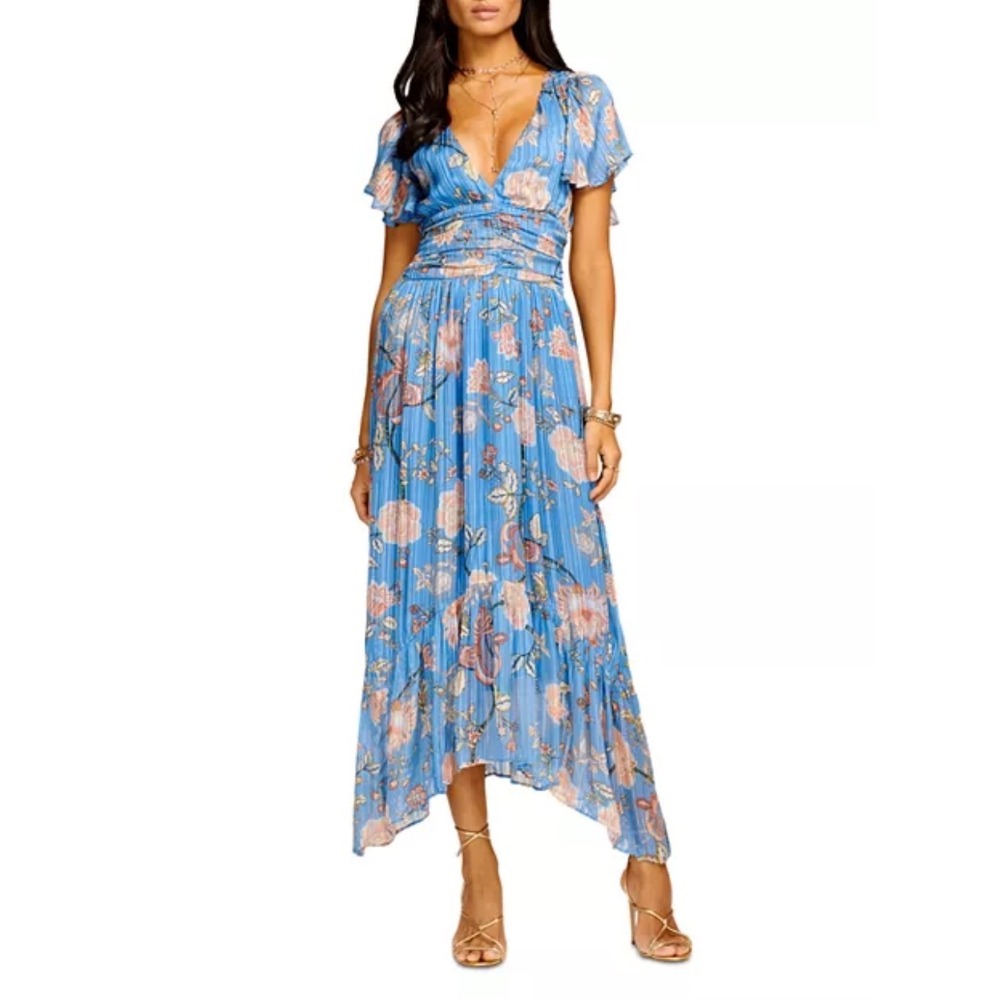 Ramy Brook Joan Blue Floral Metallic Midi Dress Flutter Sleeve Ruched V-Neck XS
